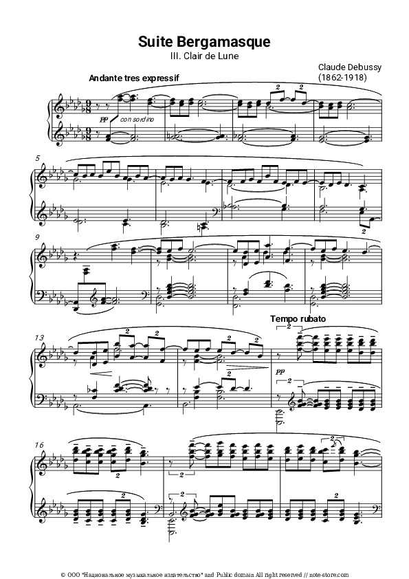 Suite bergamasque, L.75: III. Clair de lune - Claude Debussy Piano Sheet Music - Piano.Solo