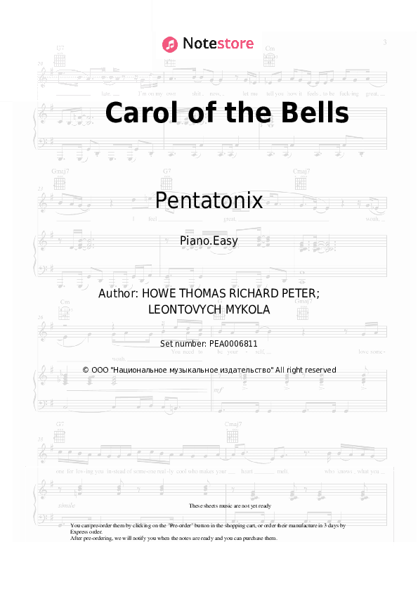 Carol of the Bells - Pentatonix Piano Sheet Music Easy - Piano.Easy