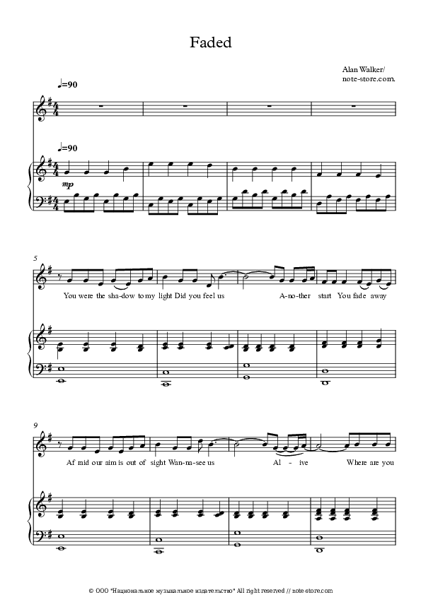 Faded - Alan Walker Piano Sheet Music Easy and Vocal - Piano&Vocal.Easy