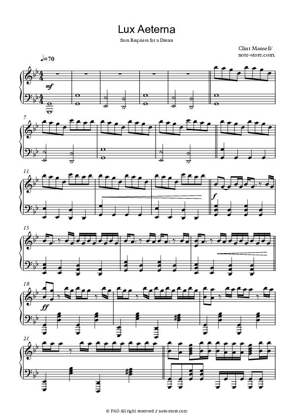 Winter: Lux Aeterna (Requiem for a Dream) - Clint Mansell Piano Sheet Music Easy - Piano.Easy