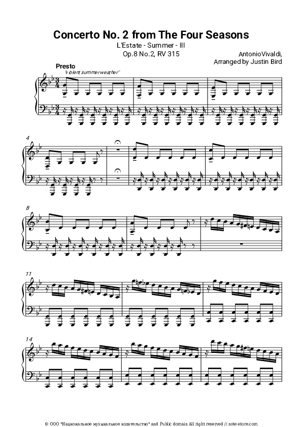 4 Seasons - Summer mvt 3 Presto - Antonio Vivaldi Piano Sheet Music - Piano.Solo