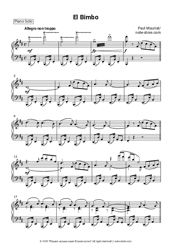 El Bimbo - Paul Mauriat Piano Sheet Music - Piano.Solo