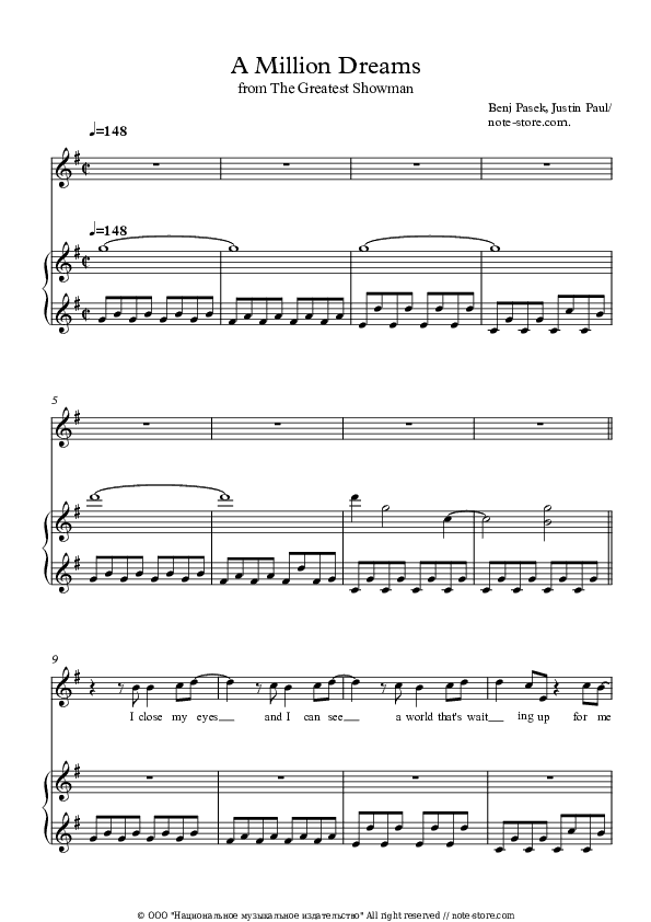 A Million Dreams - Ziv Zaifman Piano Sheet Music with the Voice part - Piano&Vocal