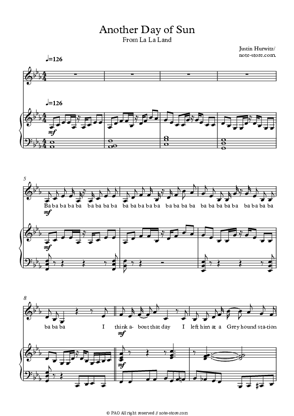 Another Day Of Sun - La La Land Cast Piano Sheet Music with the Voice part - Piano&Vocal