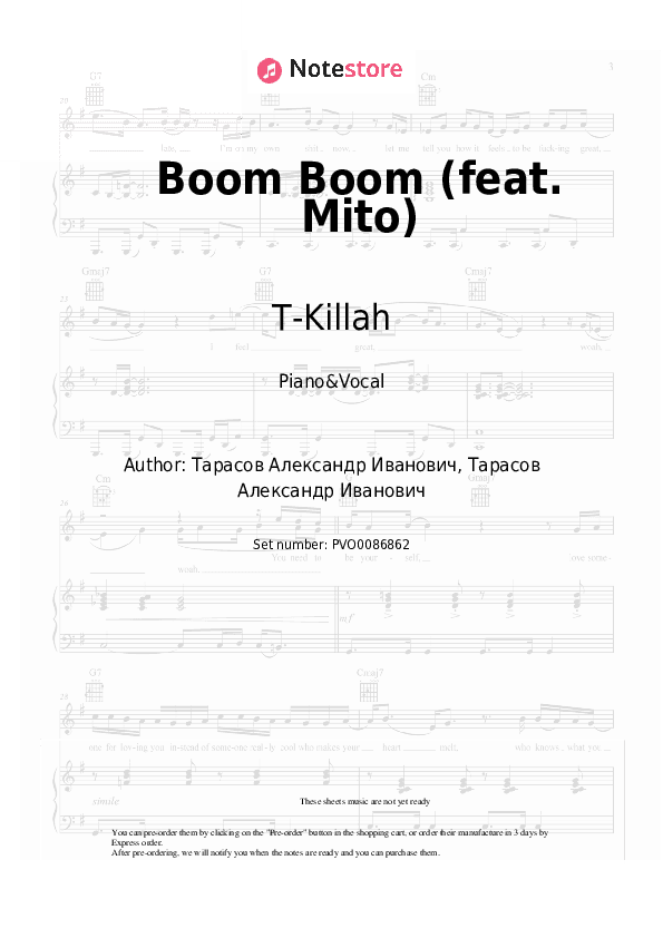 Boom Boom (feat. Mito) - T-Killah Piano Sheet Music with the Voice part - Piano&Vocal