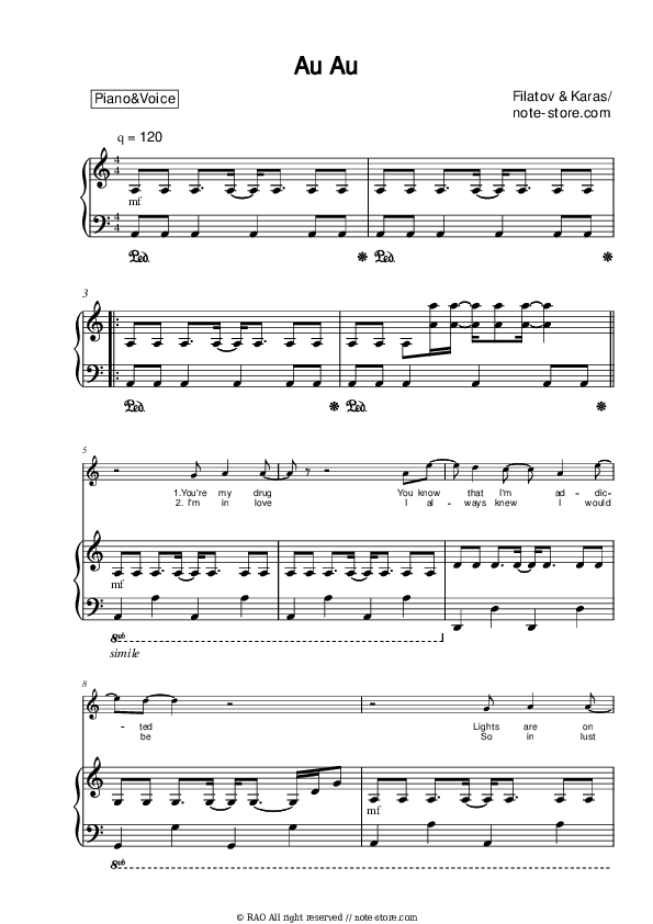 Au Au - Filatov & Karas Piano Sheet Music with the Voice part - Piano&Vocal