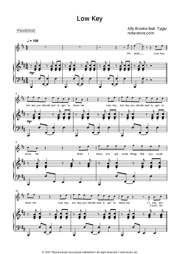 Low Key - Ally Brooke, Tyga Piano Sheet Music with the Voice part - Piano&Vocal