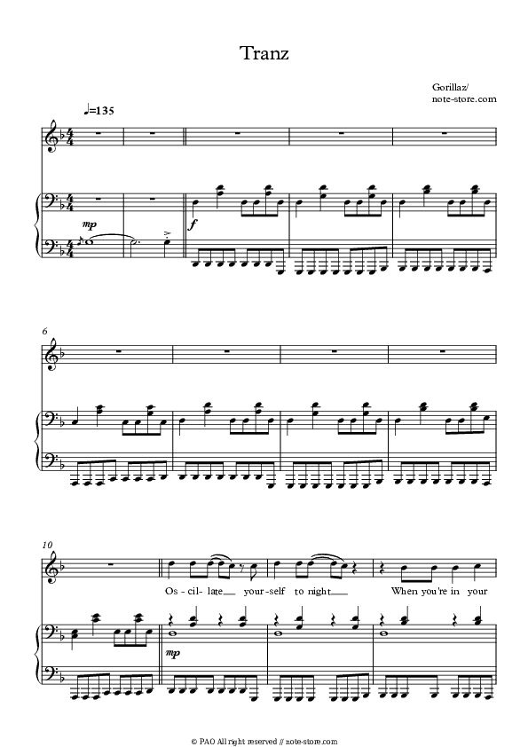 Tranz - Gorillaz Piano Sheet Music with the Voice part - Piano&Vocal