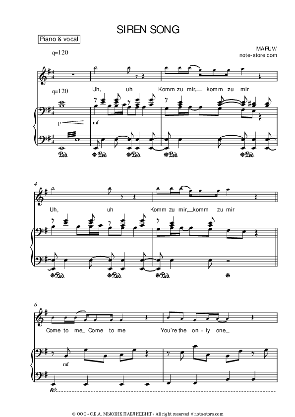 Siren Song - MARUV Piano Sheet Music with the Voice part - Piano&Vocal