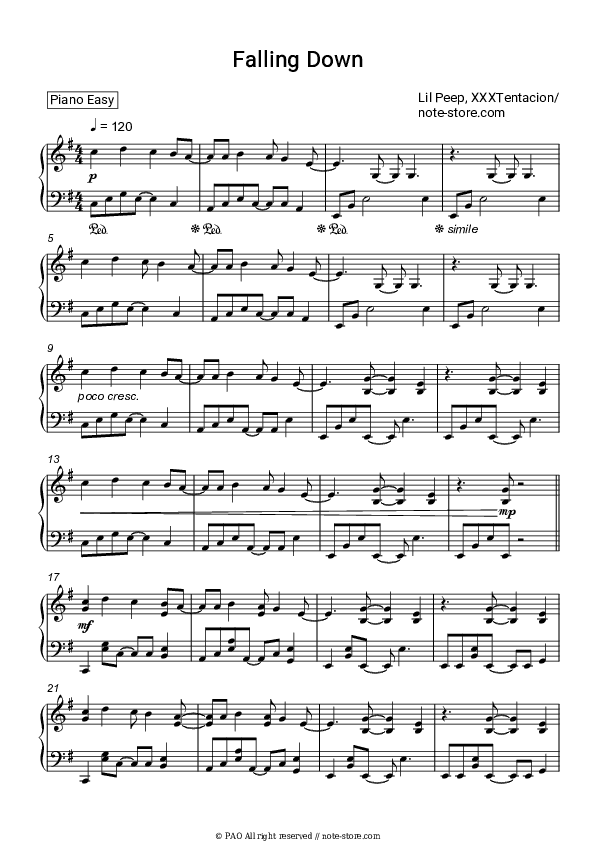 Falling Down - Lil Peep, XXXTentacion Piano Sheet Music Easy - Piano.Easy