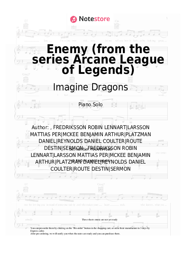 Enemy (from the series Arcane League of Legends) - Imagine Dragons Piano Sheet Music - Piano.Solo