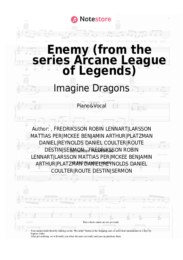 Enemy (from the series Arcane League of Legends) - Imagine Dragons Piano Sheet Music with the Voice part - Piano&Vocal