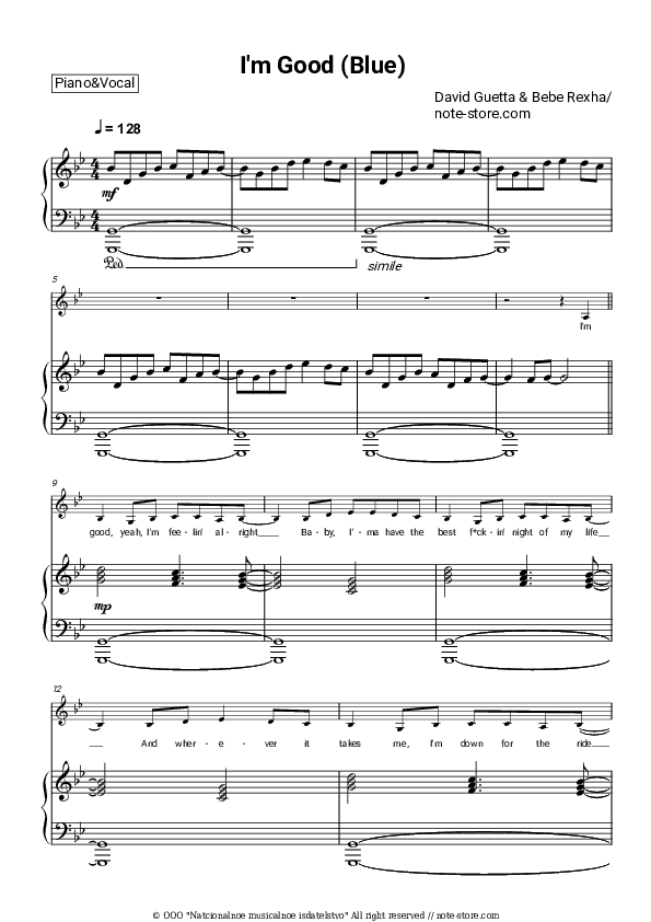 I'm Good (Blue) - David Guetta, Bebe Rexha Piano Sheet Music with the Voice part - Piano&Vocal