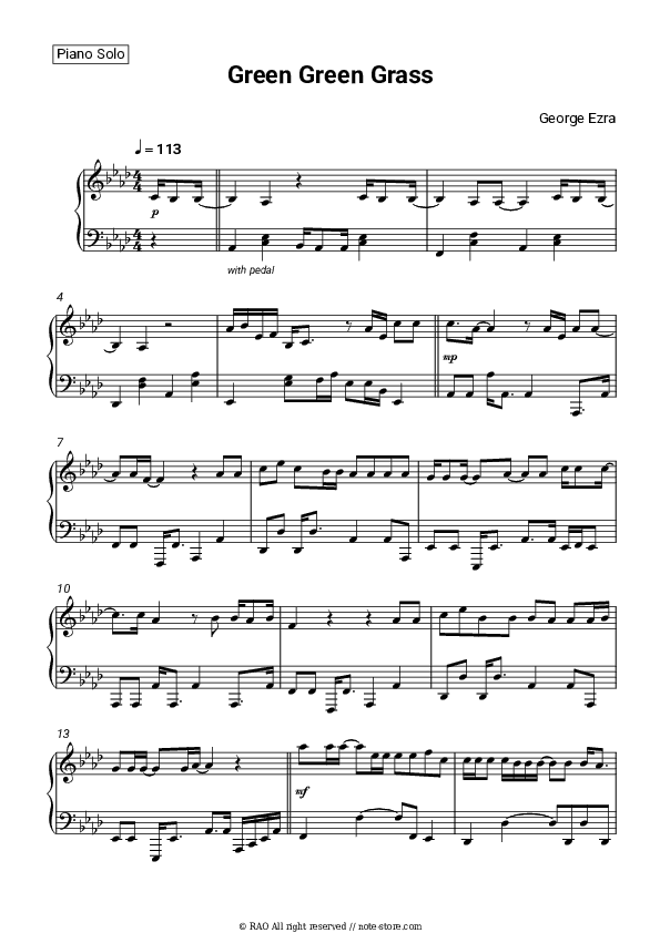 Green Green Grass - George Ezra Piano Sheet Music - Piano.Solo