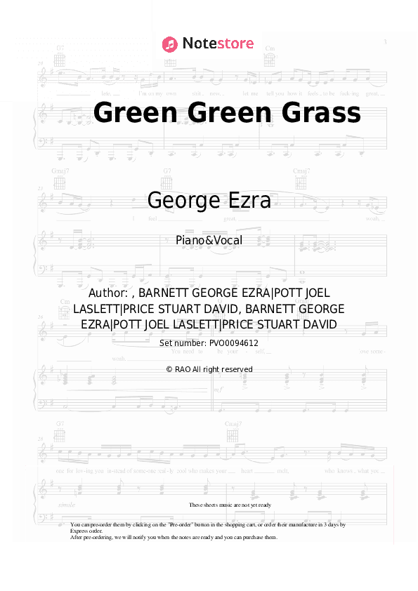 Green Green Grass - George Ezra Piano Sheet Music with the Voice part - Piano&Vocal