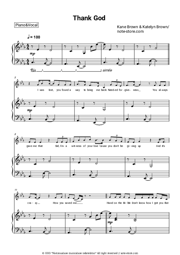 Thank God - Kane Brown, Katelyn Brown Piano Sheet Music with the Voice part - Piano&Vocal