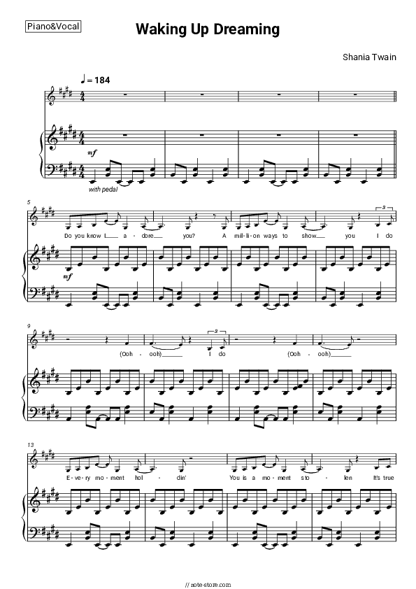 Waking Up Dreaming - Shania Twain Piano Sheet Music with the Voice part - Piano&Vocal