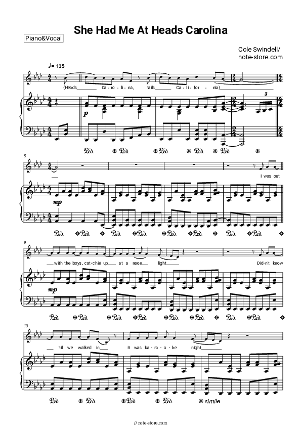 She Had Me At Heads Carolina - Cole Swindell Piano Sheet Music with the Voice part - Piano&Vocal