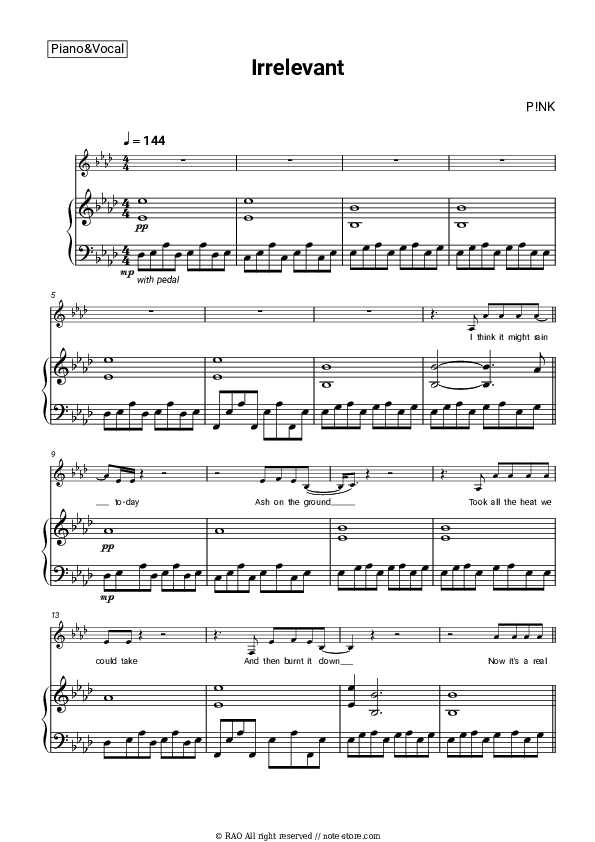 Irrelevant - P!nk Piano Sheet Music with the Voice part - Piano&Vocal