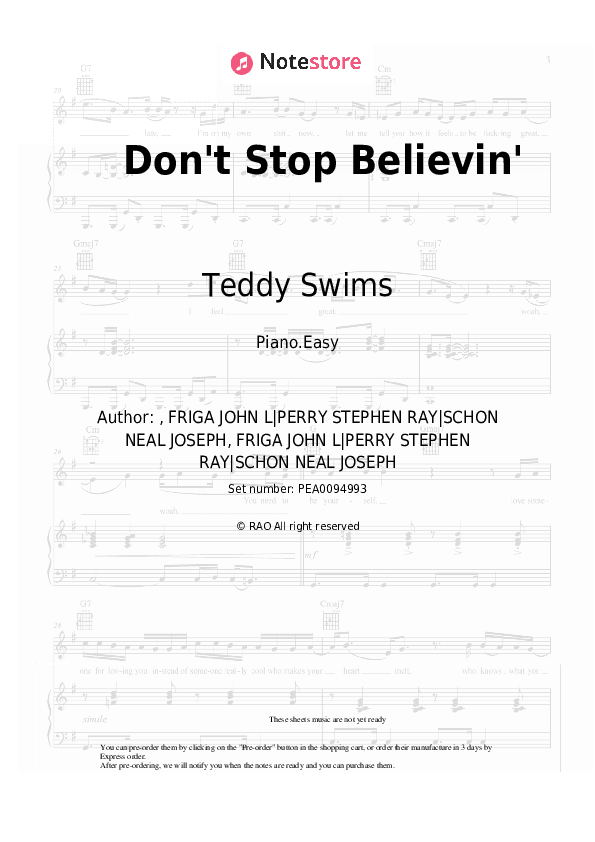 Don't Stop Believin' - Teddy Swims Piano Sheet Music Easy - Piano.Easy