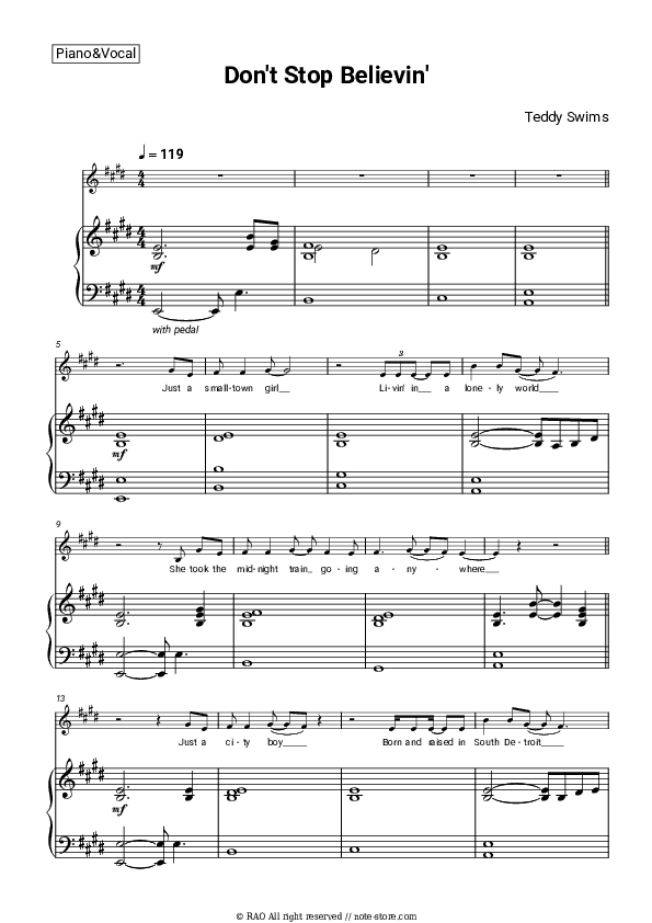 Don't Stop Believin' - Teddy Swims Piano Sheet Music with the Voice part - Piano&Vocal