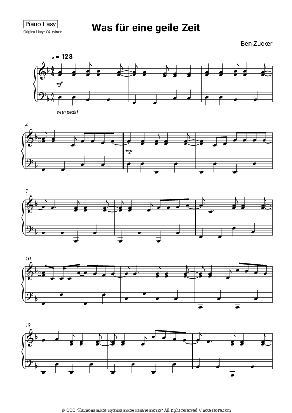 Was für eine geile Zeit - Ben Zucker Piano Sheet Music Easy - Piano.Easy