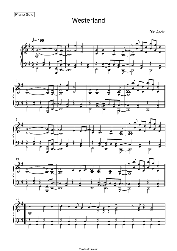 Westerland - Die Ärzte Piano Sheet Music - Piano.Solo