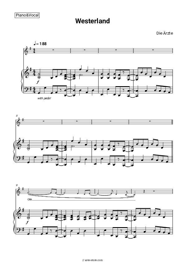 Westerland - Die Ärzte Piano Sheet Music with the Voice part - Piano&Vocal