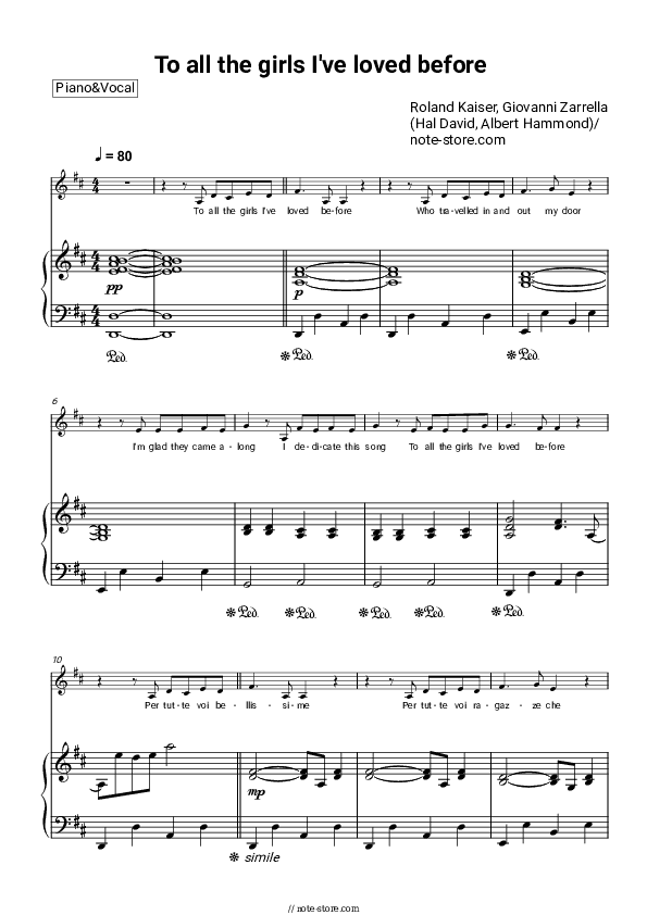 To all the girls I've loved before - Roland Kaiser, Giovanni Zarrella Piano Sheet Music with the Voice part - Piano&Vocal