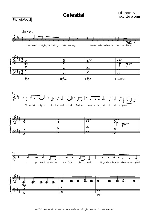 Celestial (from 'Pokemon') - Ed Sheeran, Pokémon Piano Sheet Music with the Voice part - Piano&Vocal