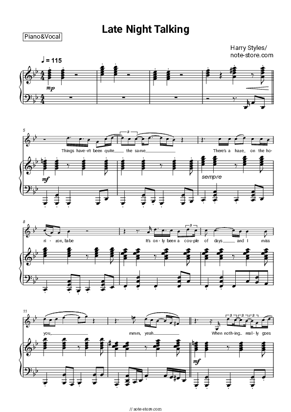 Late Night Talking - Harry Styles Piano Sheet Music with the Voice part - Piano&Vocal