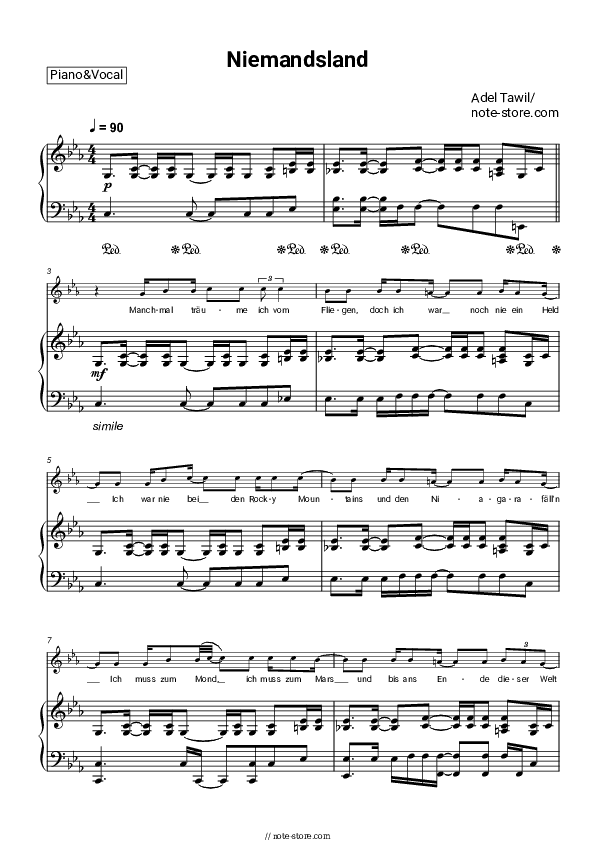 Niemandsland - Adel Tawil Piano Sheet Music with the Voice part - Piano&Vocal