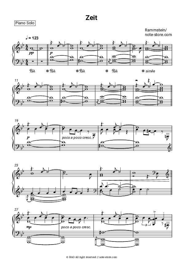 Zeit - Rammstein Piano Sheet Music - Piano.Solo