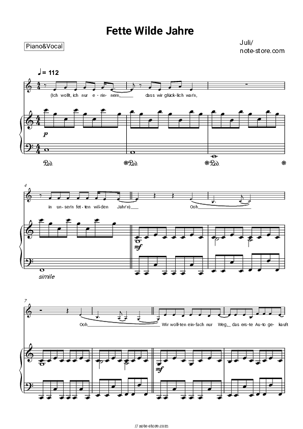 Fette Wilde Jahre - Juli Piano Sheet Music with the Voice part - Piano&Vocal
