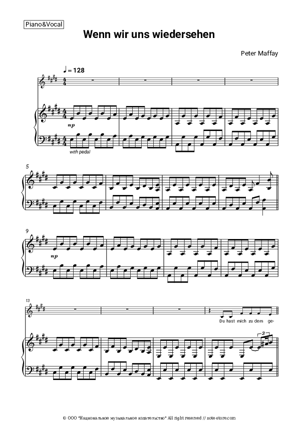 Wenn wir uns wiedersehen - Peter Maffay Piano Sheet Music with the Voice part - Piano&Vocal