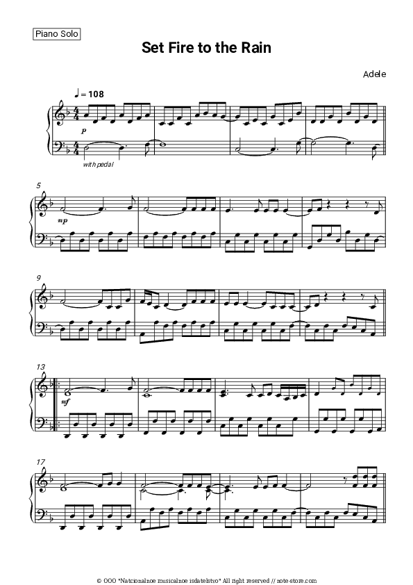 Set Fire To The Rain - Adele Piano Sheet Music - Piano.Solo