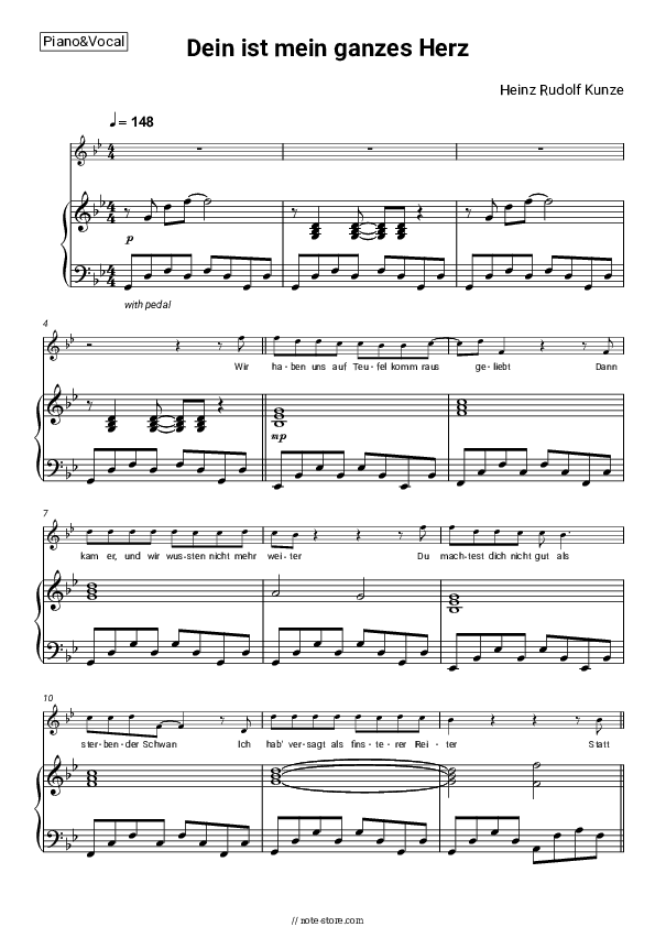 Dein ist mein ganzes Herz - Heinz Rudolf Kunze Piano Sheet Music with the Voice part - Piano&Vocal