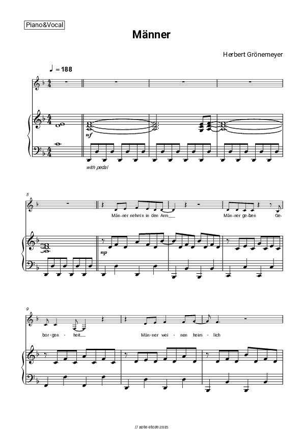 Männer - Herbert Grönemeyer Piano Sheet Music with the Voice part - Piano&Vocal