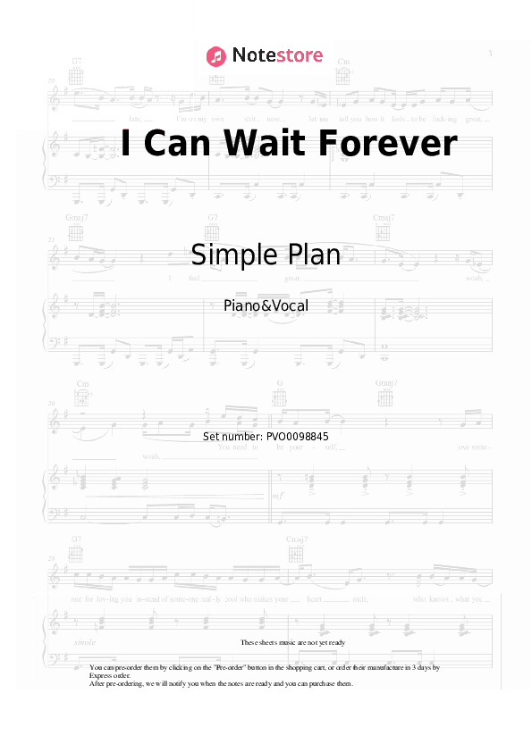I Can Wait Forever - Simple Plan Piano Sheet Music with the Voice part - Piano&Vocal