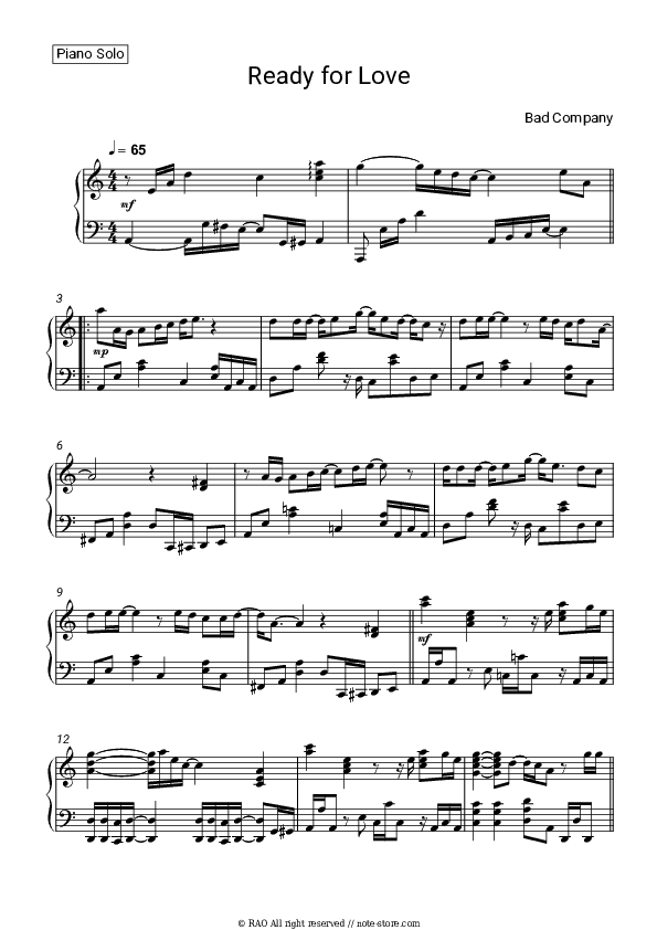 Ready For Love - Bad Company Piano Sheet Music - Piano.Solo