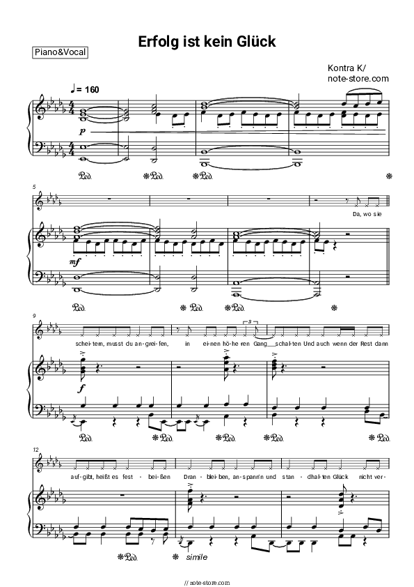 Erfolg ist kein Glück - Kontra K Piano Sheet Music with the Voice part - Piano&Vocal