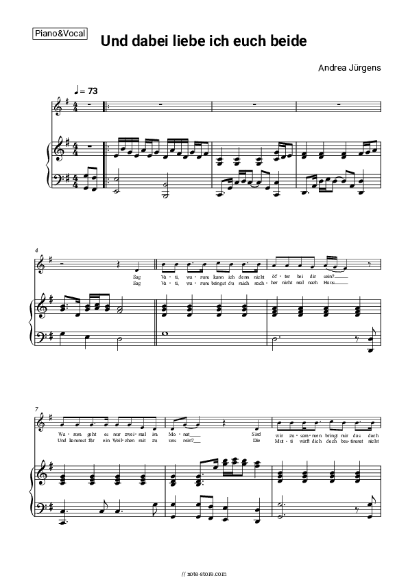 Und dabei liebe ich Euch beide - Andrea Jürgens Piano Sheet Music with the Voice part - Piano&Vocal