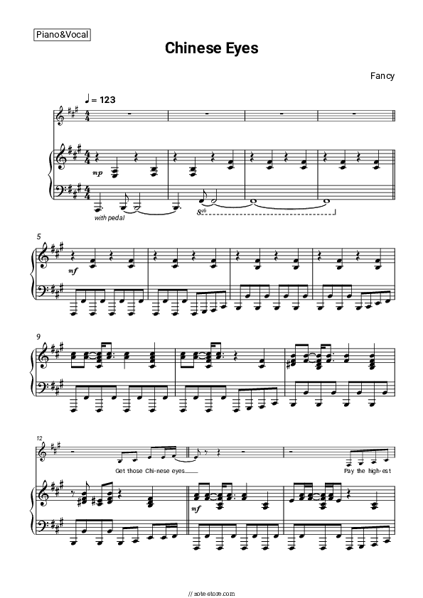 Chinese Eyes - Fancy Piano Sheet Music with the Voice part - Piano&Vocal