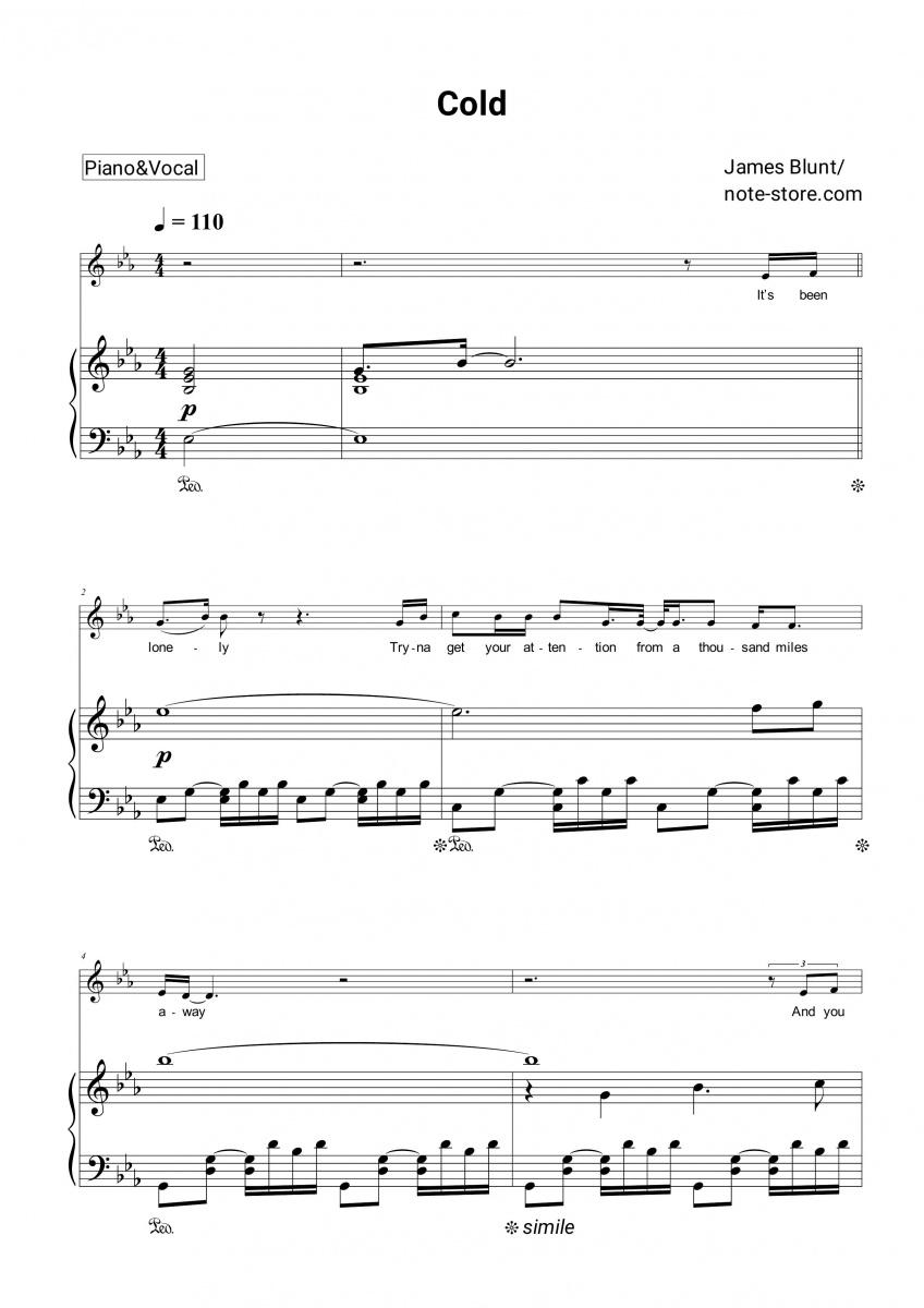 Cold - James Blunt Piano Sheet Music with the Voice part - Piano&Vocal