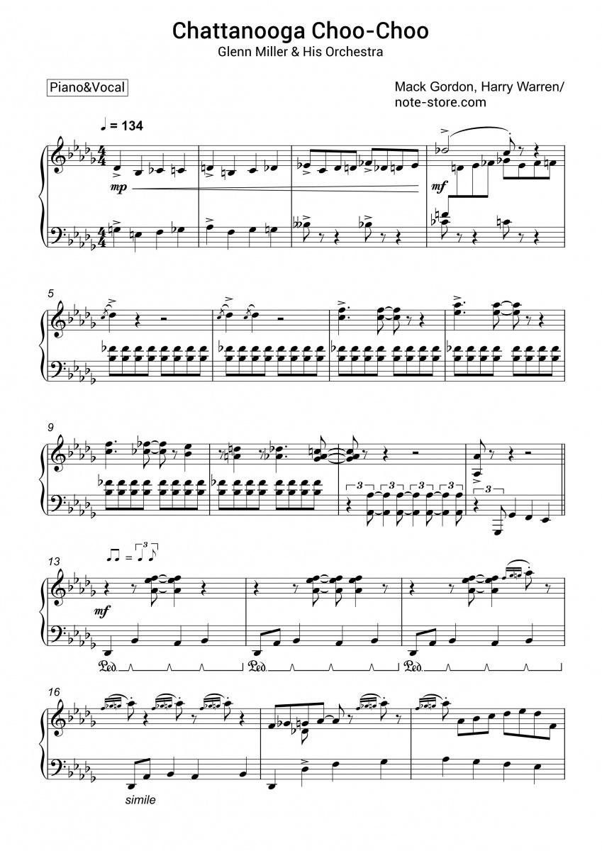 Chattanooga Choo Choo - Glenn Miller Piano Sheet Music with the Voice part - Piano&Vocal