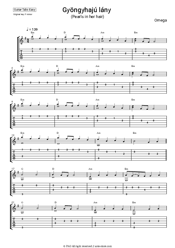 Gyöngyhajú lány (Pearls in her hair) - Omega Tabs Easy - Guitar.Tab.Easy