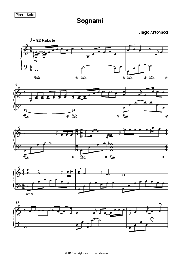 Sognami - Biagio Antonacci Piano Sheet Music - Piano.Solo