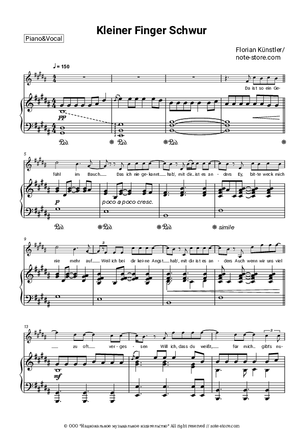 Kleiner Finger Schwur - Florian Künstler Piano Sheet Music with the Voice part - Piano&Vocal