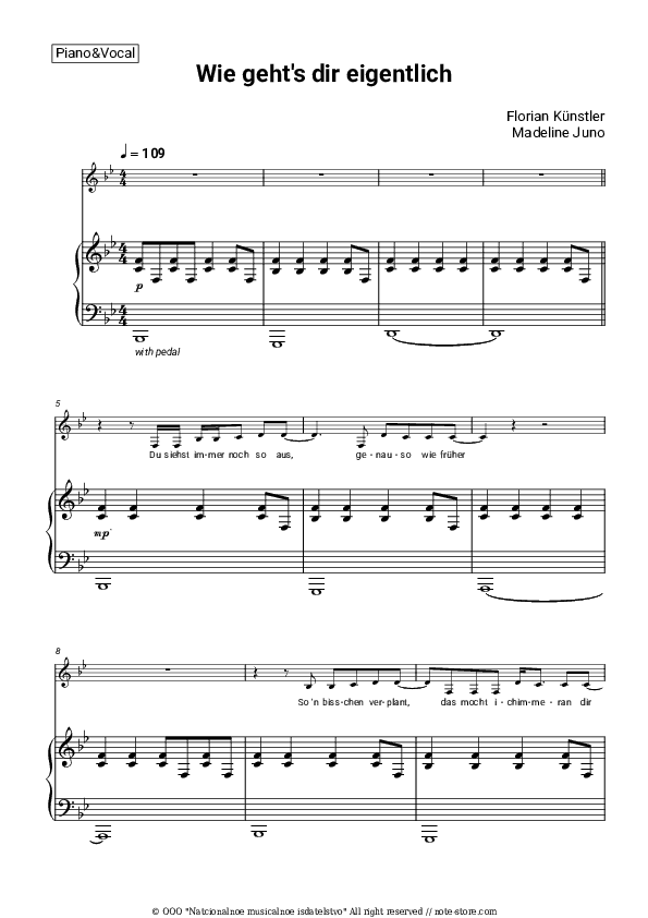 Wie geht's dir eigentlich - Florian Künstler, Madeline Juno Piano Sheet Music with the Voice part - Piano&Vocal