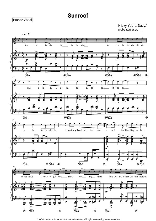 Sunroof - Nicky Youre, Dazy Piano Sheet Music with the Voice part - Piano&Vocal